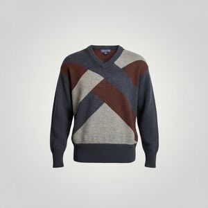 Whitefish Bay V-Neck Sweater Mens Medium Navy Blue Colorblock Grandpacore Grunge